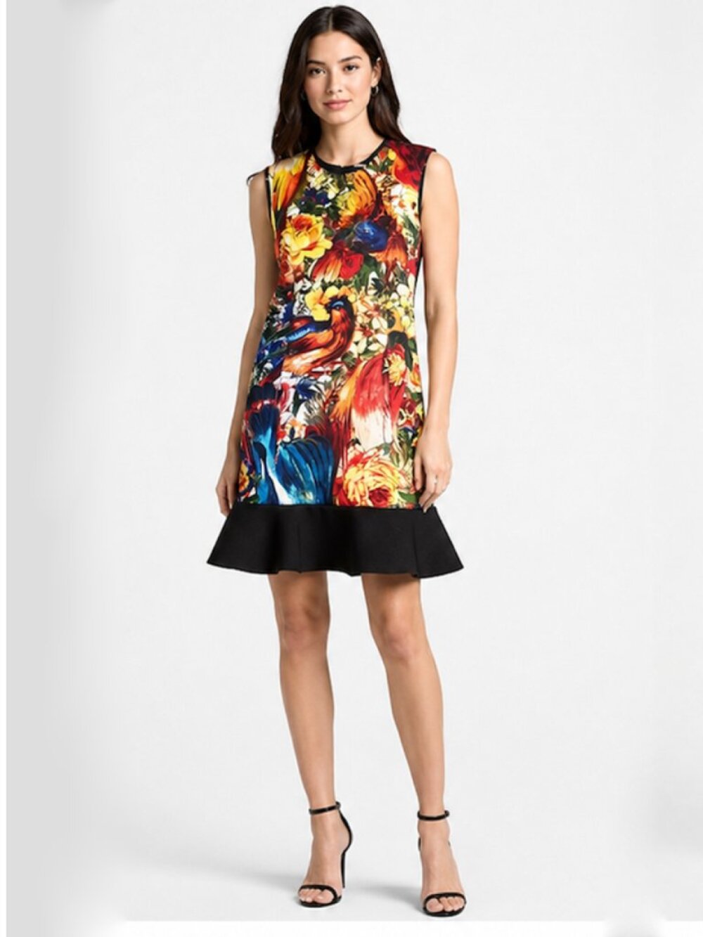 JUST CAVALLI IT46 Bird Print Floral Multicolour Ruffle Scuba Dress Size 48 (XL)